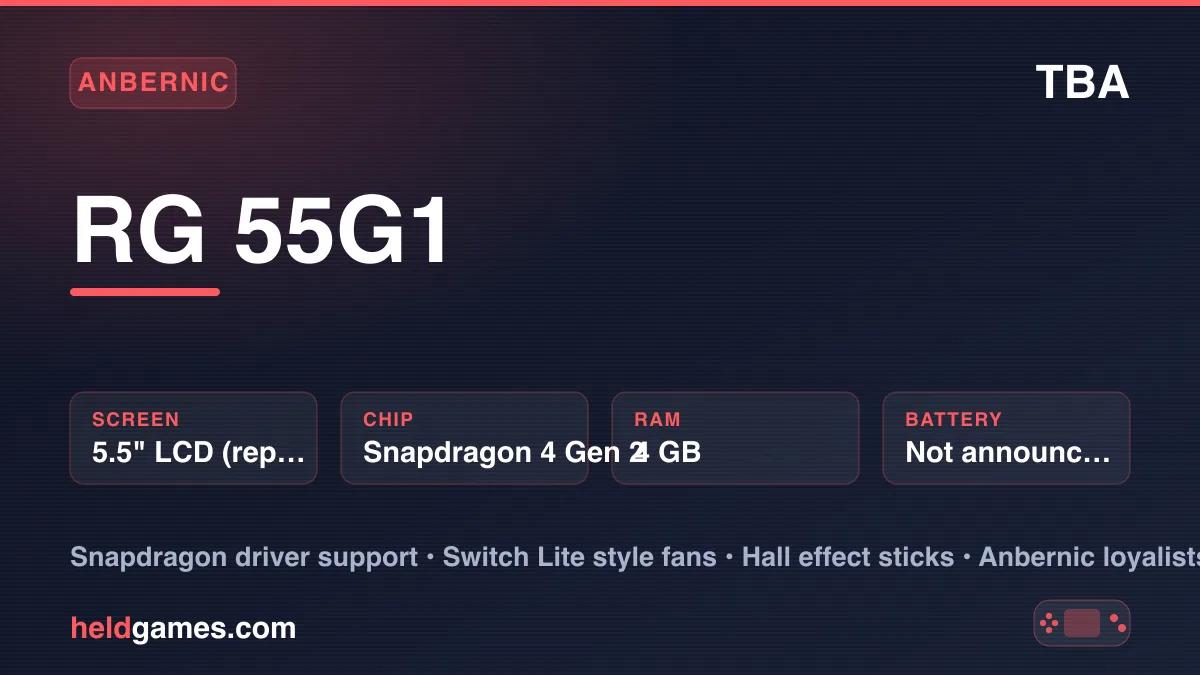 Anbernic RG 55G1 retro handheld — 5.5" LCD (reported) Snapdragon 4 Gen 2 (QTI SM4450, octa-core)